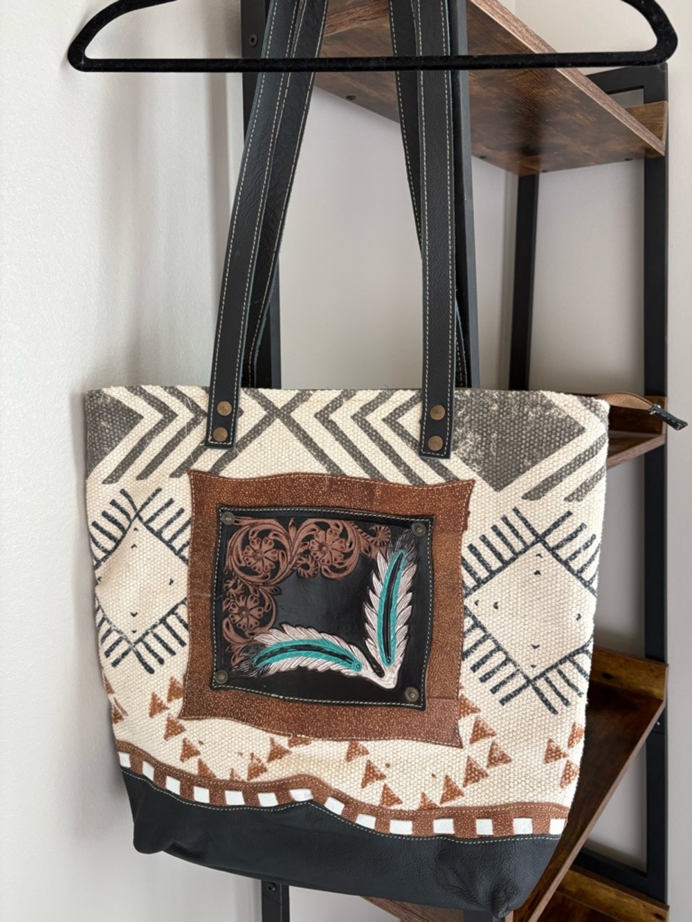 Stylish Feather Accent Tote Bag - Brown, Black, Cream